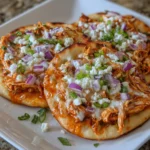 Golden baked naan topped with buffalo chicken and melted cheese