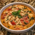 Bowl of creamy chicken parmesan soup with fresh basil garnish