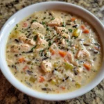 Bowl of creamy crockpot chicken wild rice soup with carrots and celery