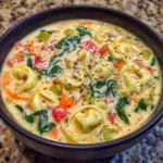 Bowl of creamy tortellini soup with spinach and parmesan