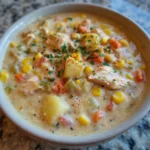 Slow cooker chicken corn chowder with potatoes, carrots, and cheese
