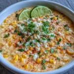 Spoonful of creamy corn soup with cotija and fresh cilantro