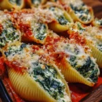 Golden baked spinach and ricotta stuffed shells topped with melted cheese