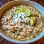 Close-up of white chicken chili with tortilla chips on the side