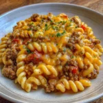 Cheesy cheeseburger casserole in a skillet with melted cheese on top