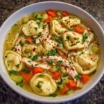 Bowl of chicken tortellini soup with carrots and herbs