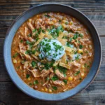 A bowl of creamy chicken enchilada soup topped with cilantro and tortilla strips