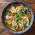 Steaming bowl of potsticker soup with dumplings and veggies