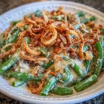 Serving of casserole with mushrooms, green beans, and crisp onions