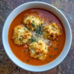Bowl of hearty tomato soup topped with golden cheddar dumplings
