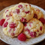 Stack of soft lemon raspberry cookies with visible berries