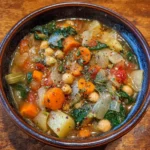 A steamy bowl of veggie-packed witch soup with herbs and greens swirling on top