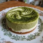 A soft and fluffy Japanese cheesecake with a green matcha swirl on top.