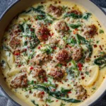 A bowl of creamy Parmesan Italian sausage soup with pasta and spinach