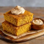 Stack of cornbread squares with a pat of butter on each