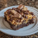 A slice of gooey chocolate peanut butter earthquake cake with melted Reese’s on top