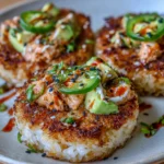 Crispy rice squares topped with avocado, salmon, and jalapeño