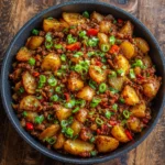 Overhead view of a skillet filled with cheesy sloppy joe and potatoes