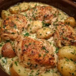 Slow cooker filled with chicken and cheesy potatoes in creamy garlic sauce