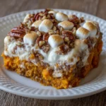Casserole dish full of marshmallow-topped sweet potatoes