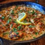 Plated butter chicken with rice and fresh cilantro garnish.