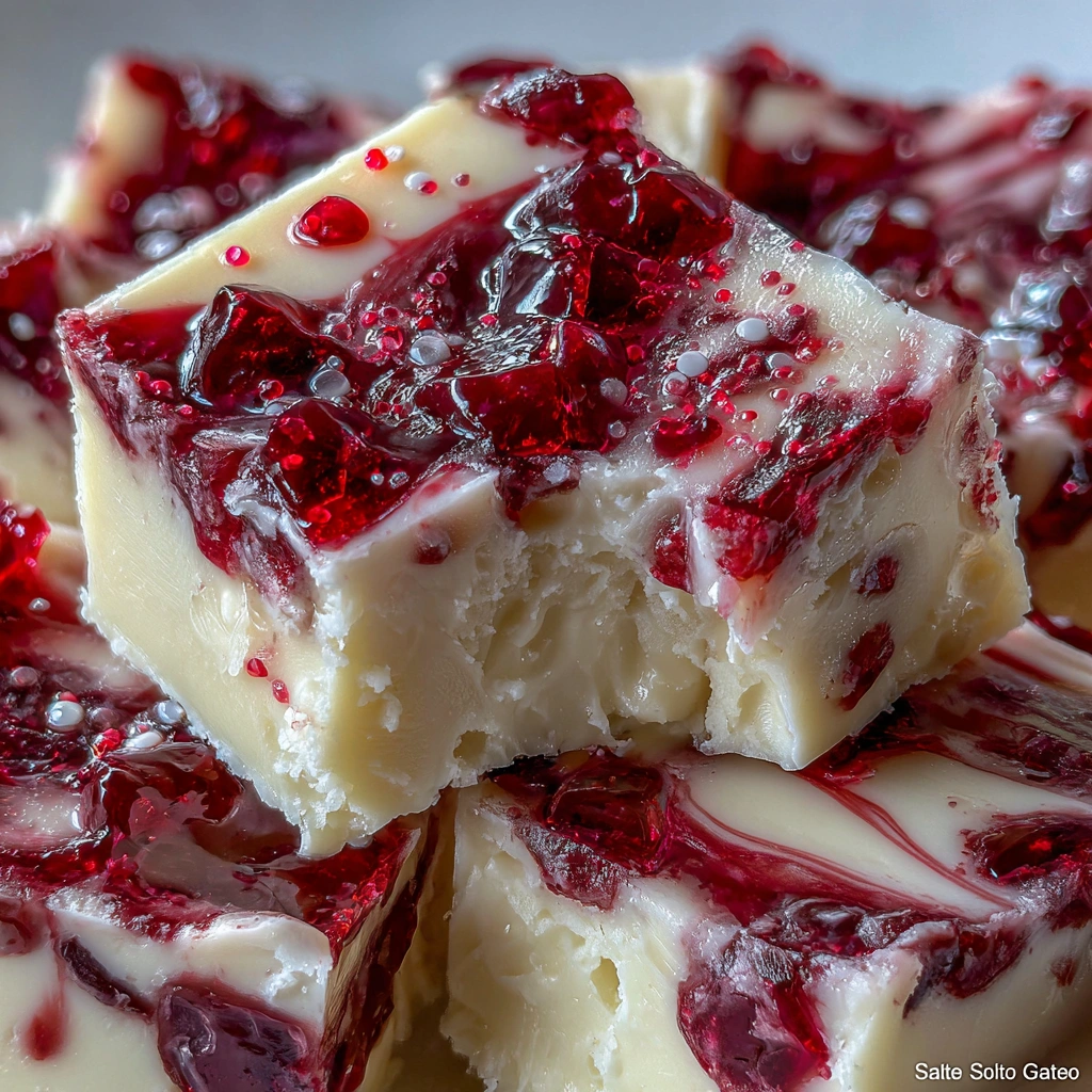 White fudge square with a red center oozing out