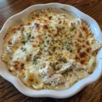 Creamy white chicken lasagna soup with herbs and noodles in a bowl.