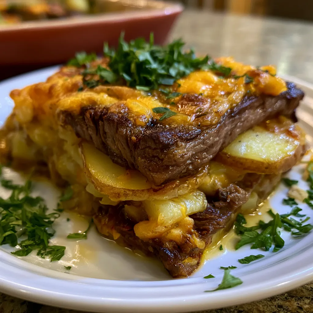 Garlic Butter Steak & Cheddar Potato Bake
