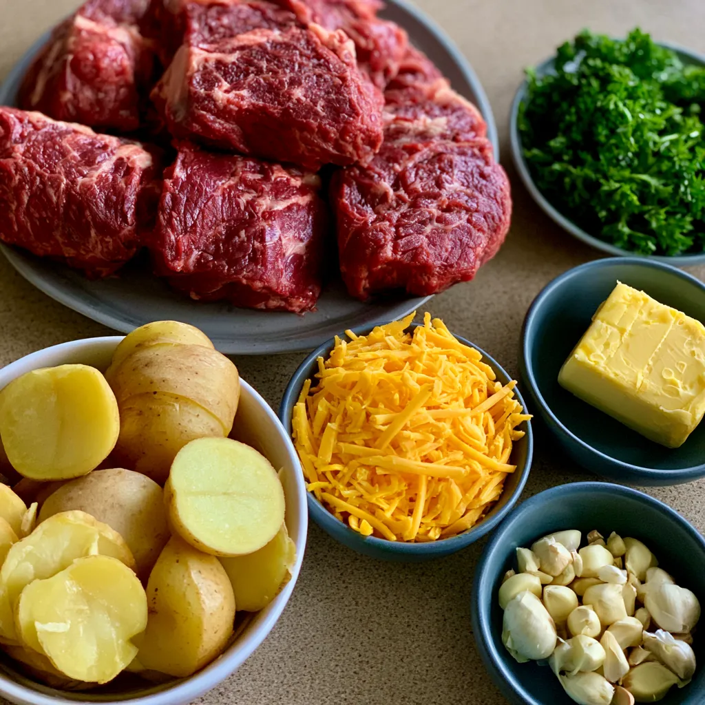 Garlic Butter Steak & Cheddar Potato Bake