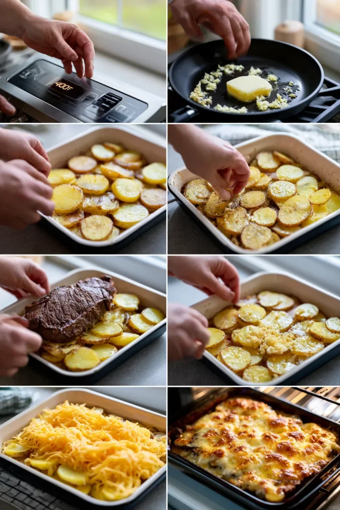 Garlic Butter Steak & Cheddar Potato Bake
