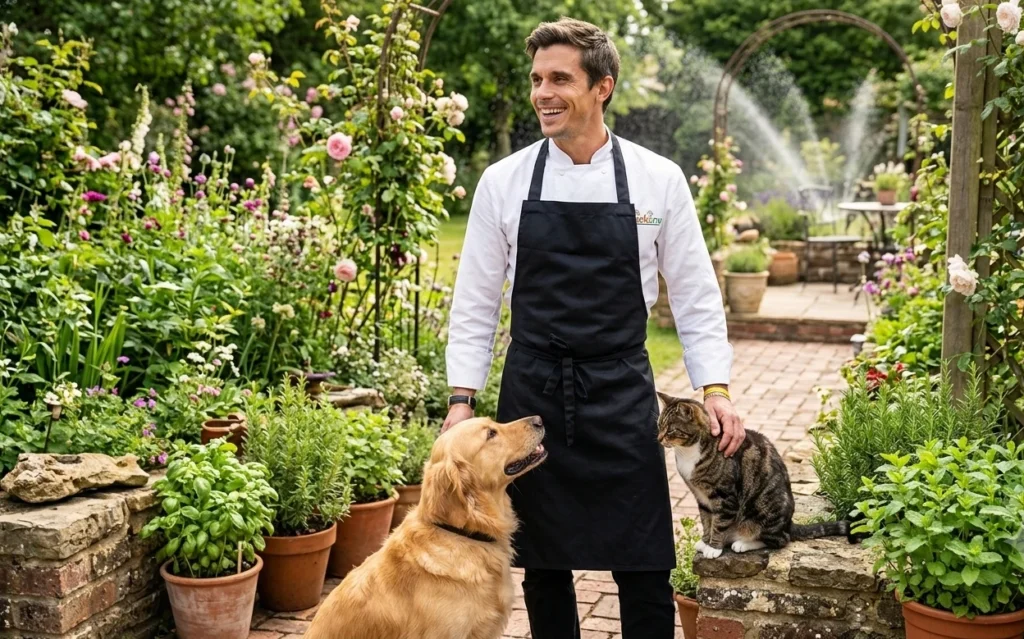 Off the clock — Tyler with Max and Biscuit in the garden where many Cookuna recipe ideas begin