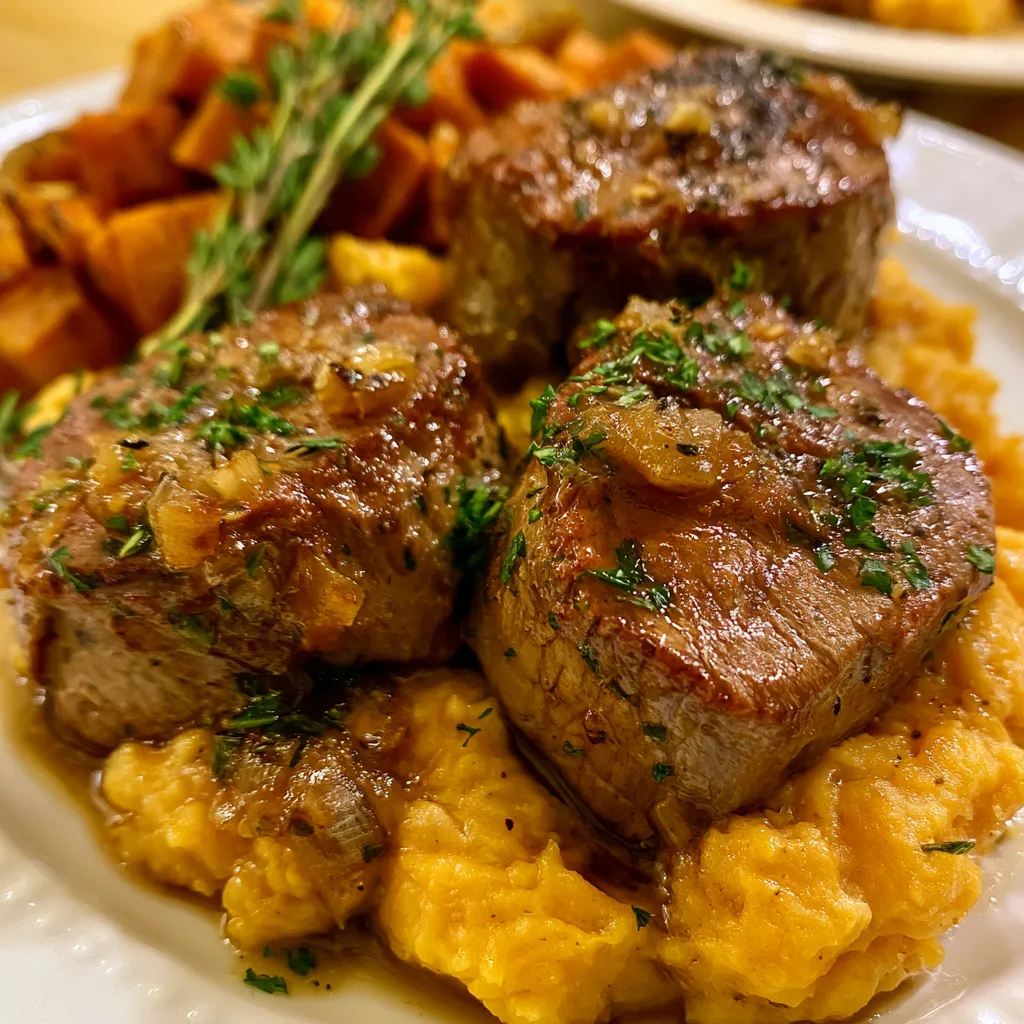 Apple Cider Beef with Mashed Sweet Potatoes