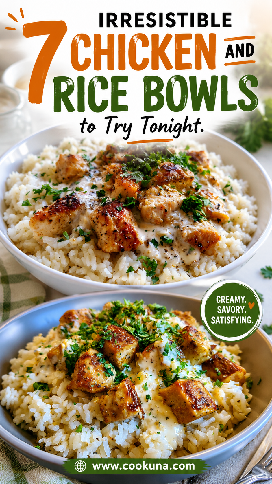 Chicken and Rice Bowls with Creamy Garlic Sauce