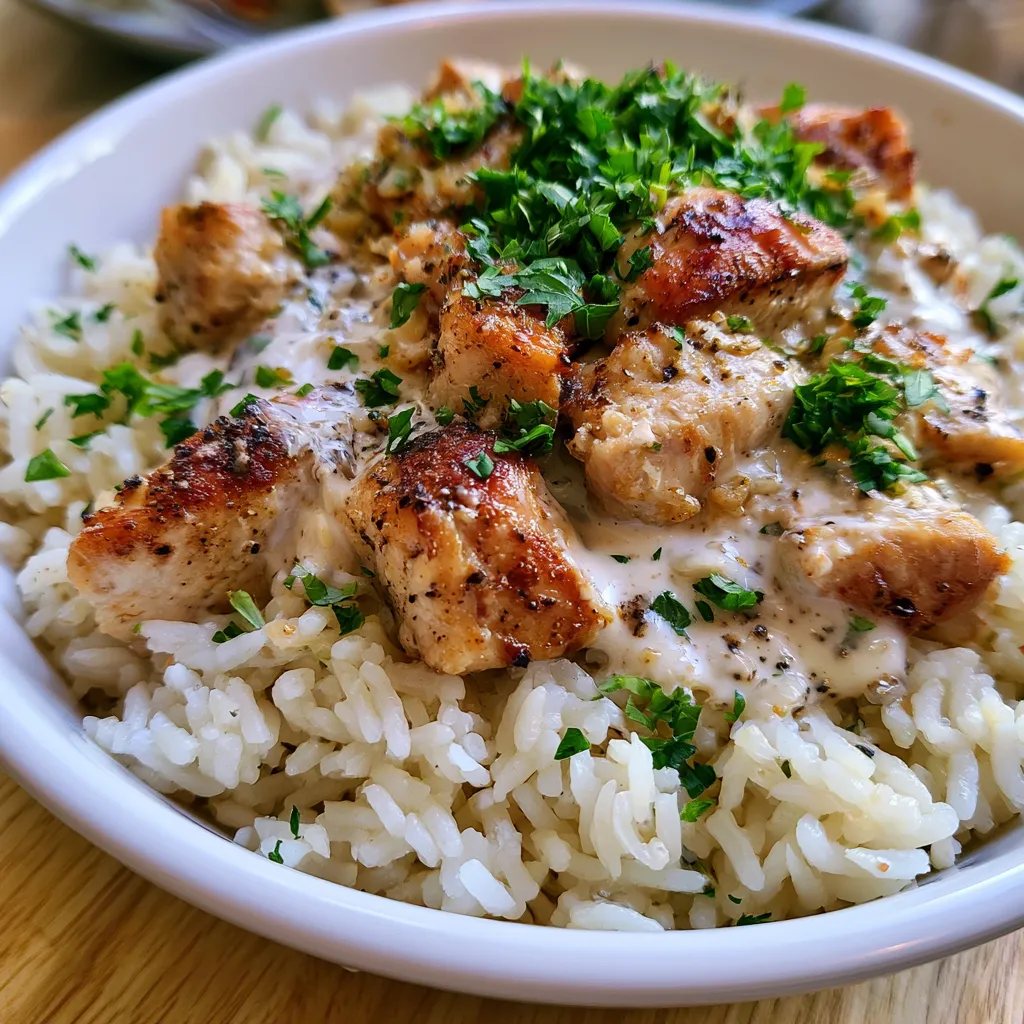 Chicken and Rice Bowls with Creamy Garlic Sauce
