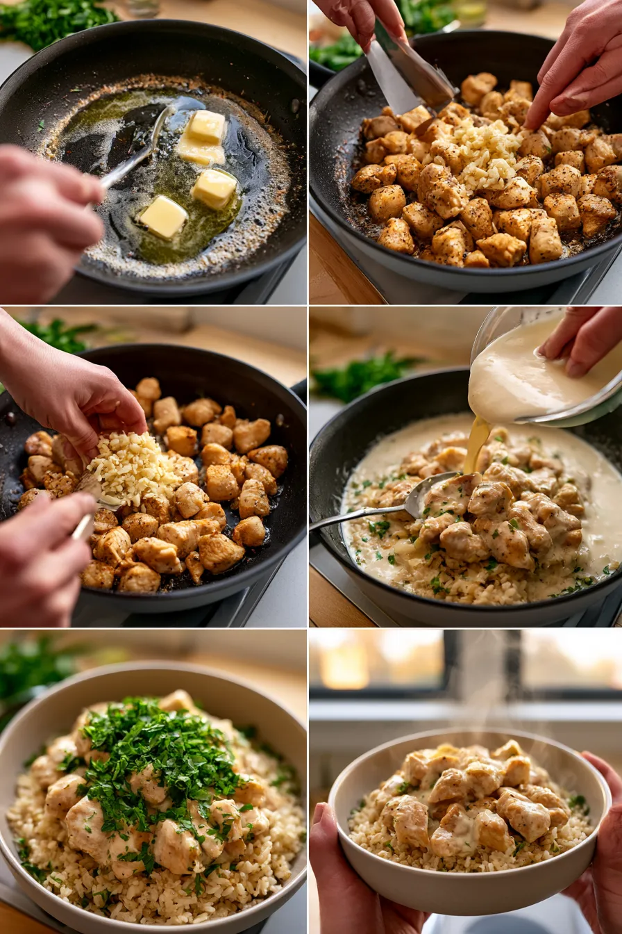 Chicken and Rice Bowls with Creamy Garlic Sauce