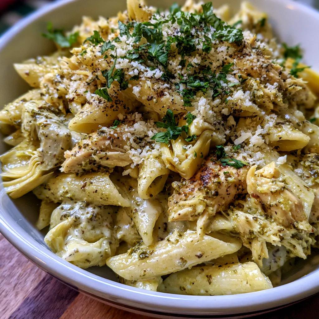 Creamy Chicken Pesto Pasta with Artichokes