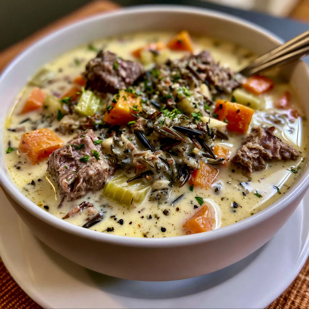 Creamy Crockpot Beef Wild Rice Soup