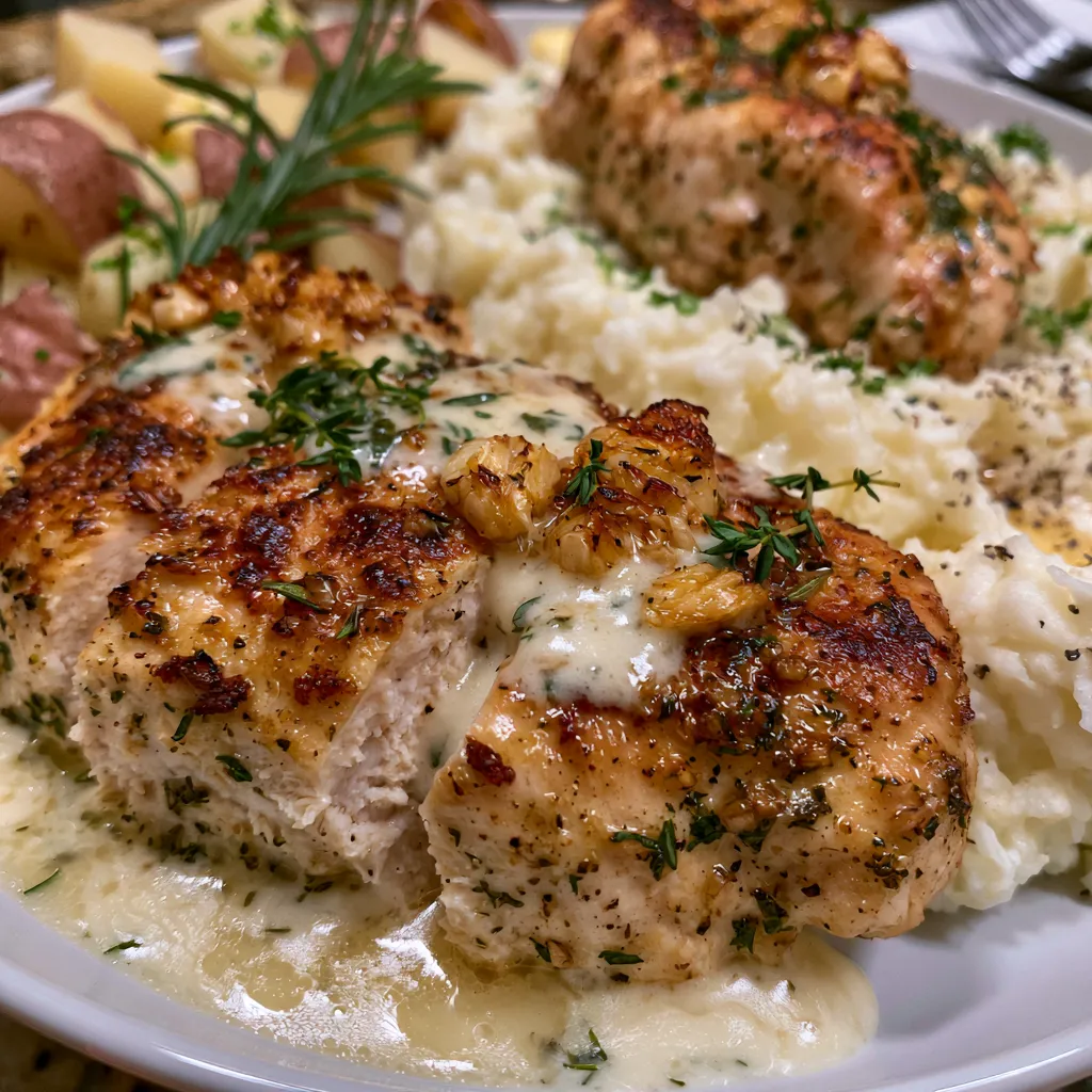 Creamy Garlic Herb Chicken with Mashed Potatoes