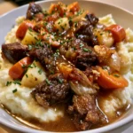 Fall Apple Cider Stew over Mashed Potatoes