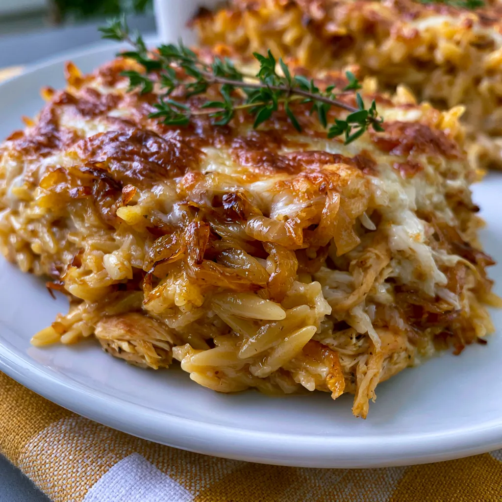 French Onion Chicken Orzo Casserole