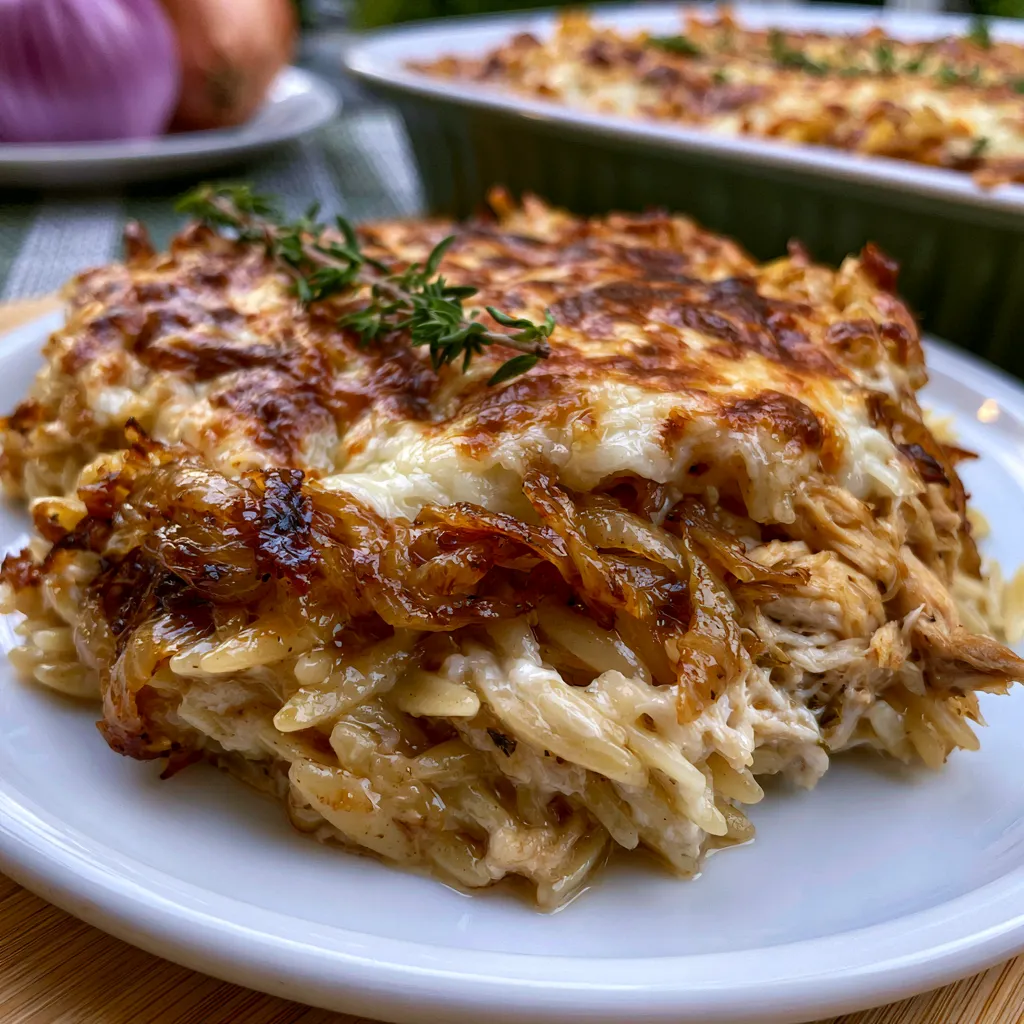 French Onion Chicken Orzo Casserole