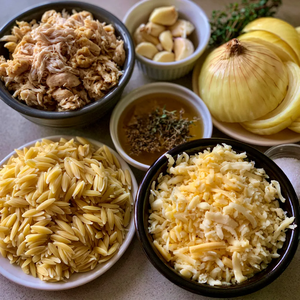 French Onion Chicken Orzo Casserole