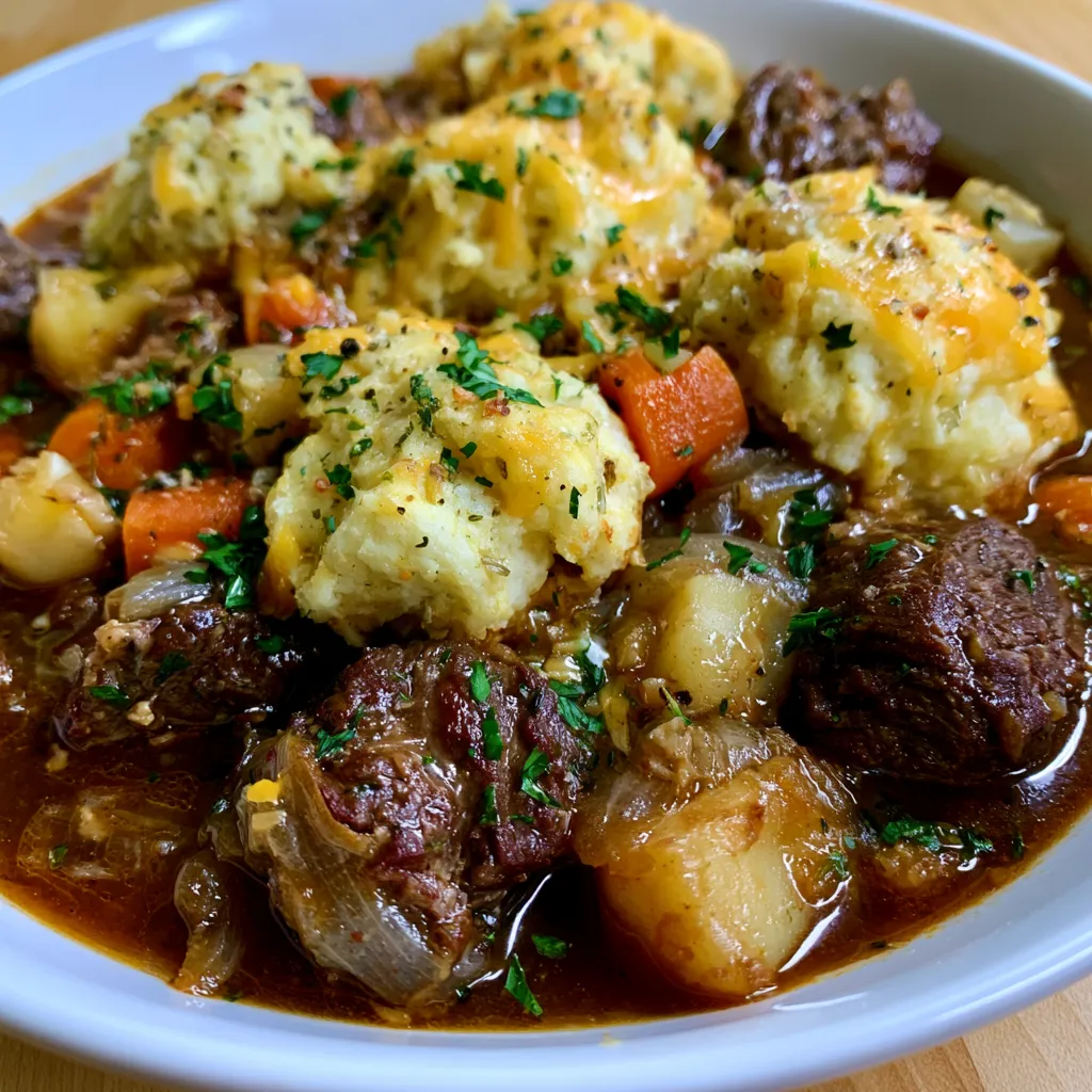 Hearty Beef Stew with Cheddar Herb Dumplings
