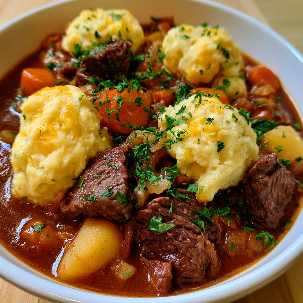 Hearty Beef Stew with Cheddar Herb Dumplings