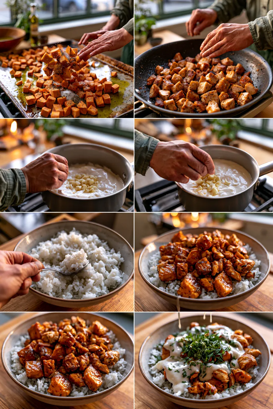 Roasted Chicken and Sweet Potato Rice Bowls