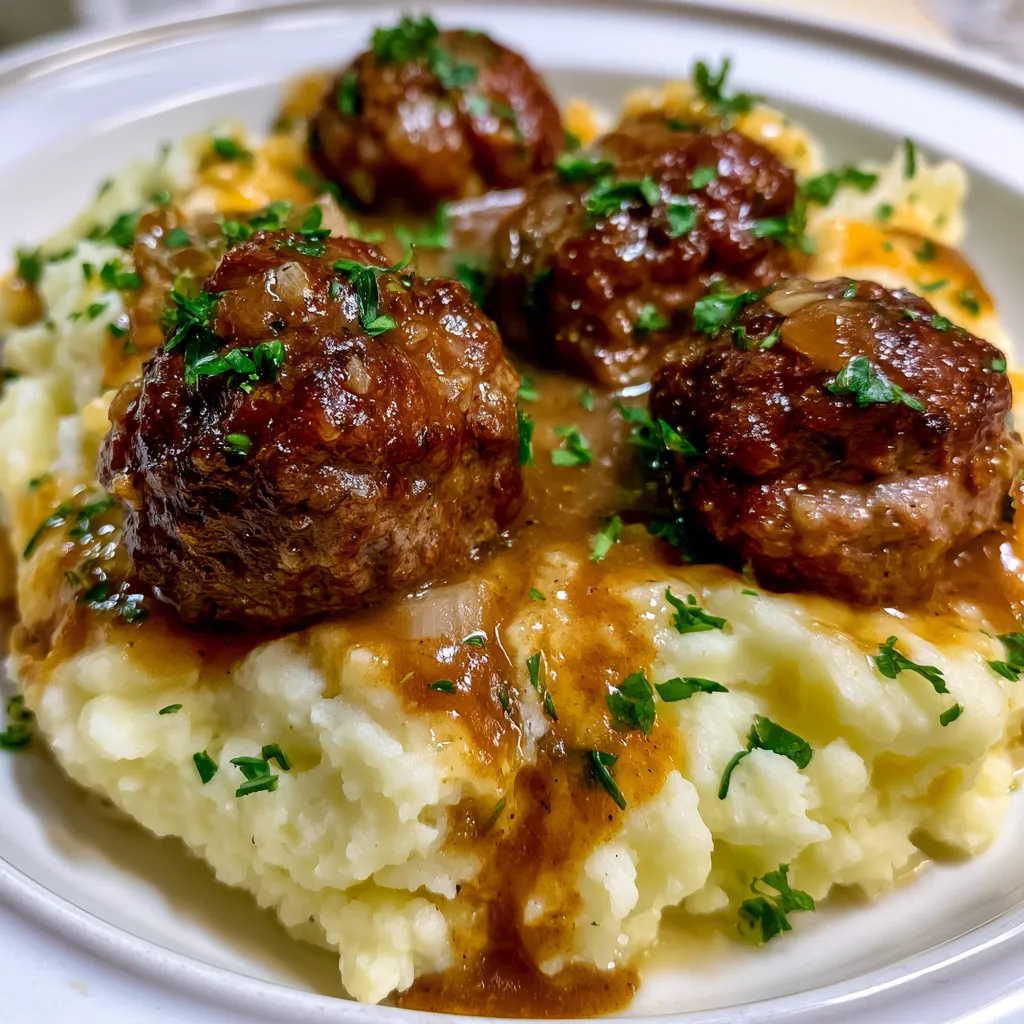 Salisbury Steak Meatballs with Garlic Herb Mashed Potatoes