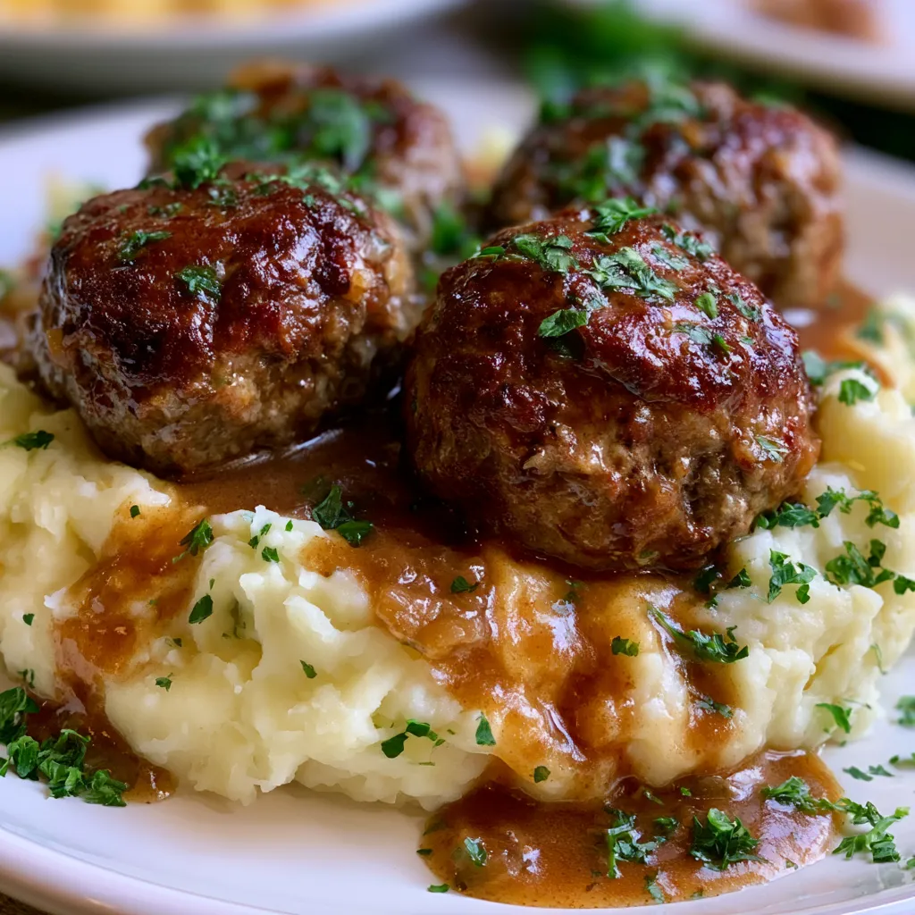 Salisbury Steak Meatballs with Garlic Herb Mashed Potatoes