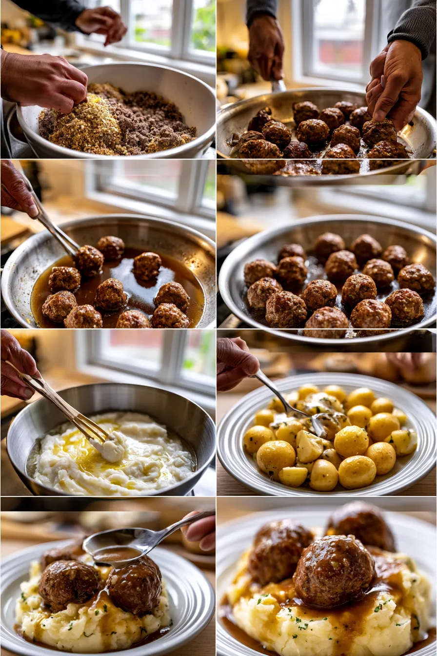 Salisbury Steak Meatballs with Garlic Herb Mashed Potatoes