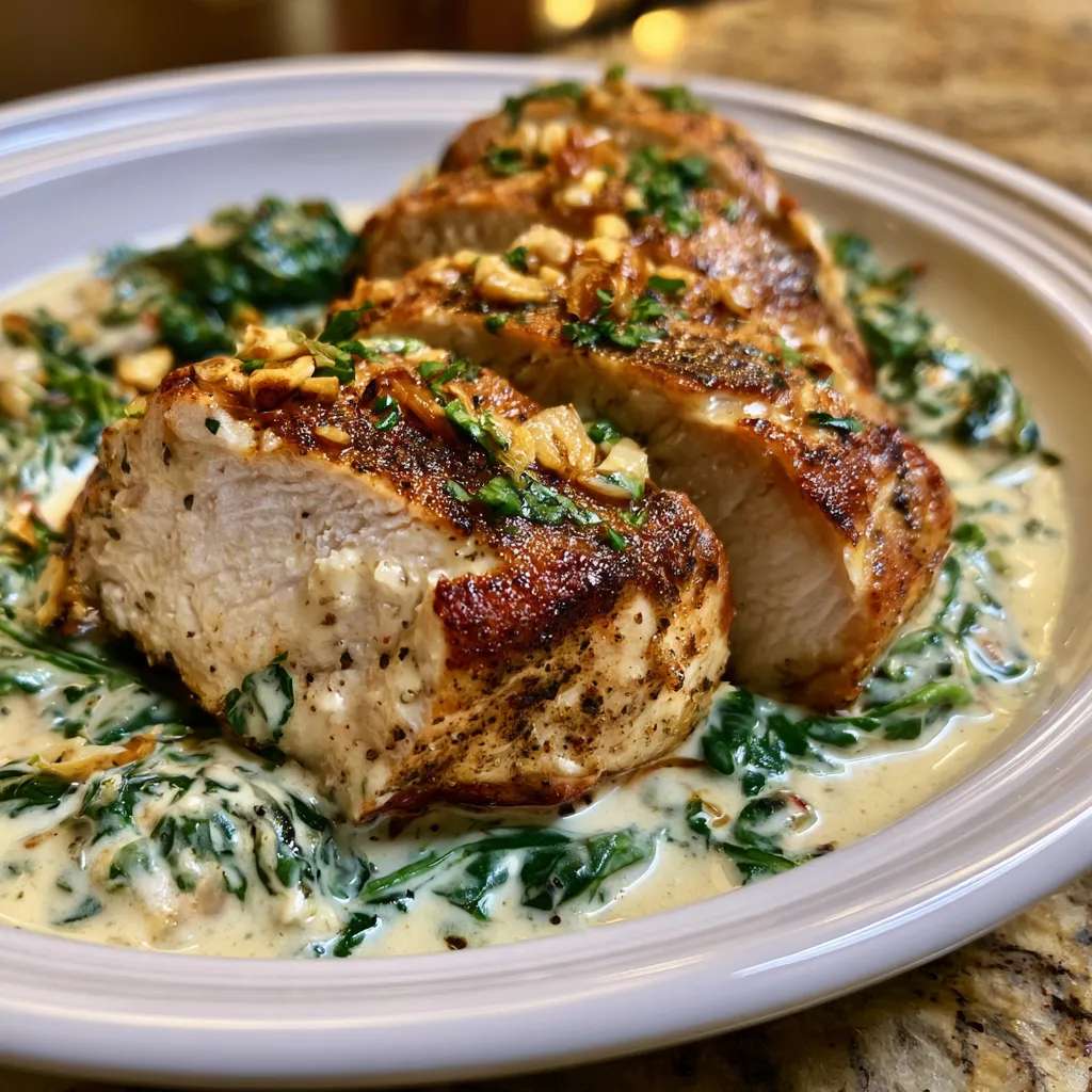 chicken dinner with garlic spinach cream sauce