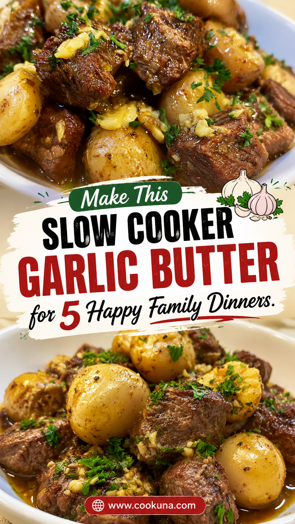 slow cooker garlic butter beef bites with potatoes